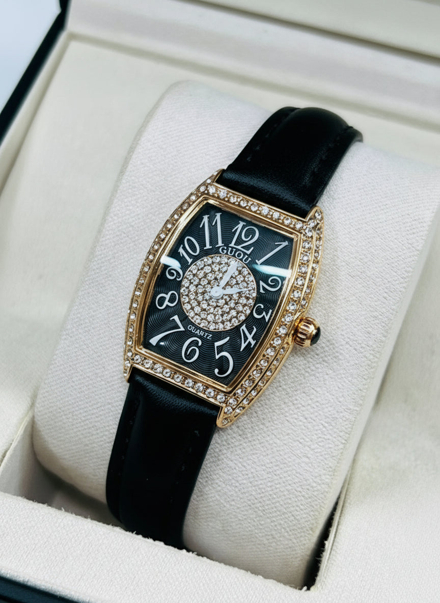 This is a GUOU quartz watch with a black dial, diamond accents, and a black strap.